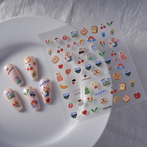 5D embossed nail stickers featuring garden bear, rainbow and tulip illustration designs