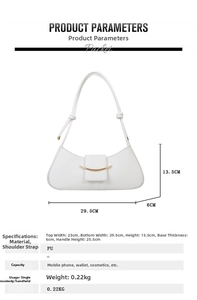 Detailed size chart of white PU crescent bag with measurements and dimensions