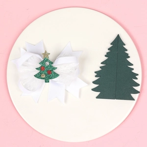 White ribbon bow hair clip with lace and green Christmas tree charm for girls
