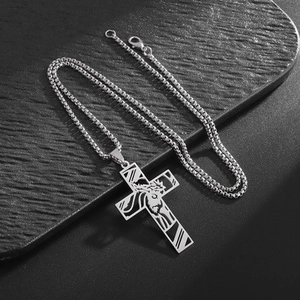 Mens hollow out cross pendant necklace in stainless steel with Jesus silhouette design