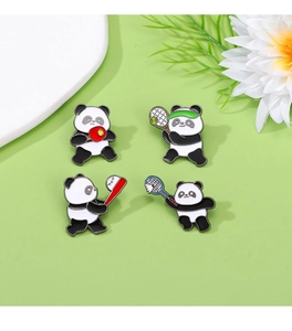 Detail of four cartoon panda sports pins showing ping-pong, tennis, baseball, and badminton