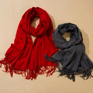 Classic solid color long scarf with tassels in red and grey, soft pashmina-like texture