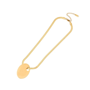 Flat snake chain gold necklace with polished round pendant and extension chain on white background