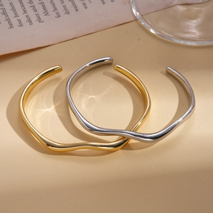 Minimalist 18k gold and silver plated wave open bangles with polished geometric design
