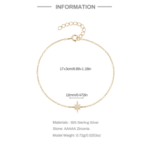 Detailed spec sheet for 925 sterling silver star bracelet with zirconia stone dimensions
