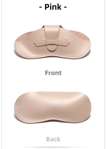 Détails avant et arrière d'un étui à lunettes en cuir rose avec fermoir à nœud