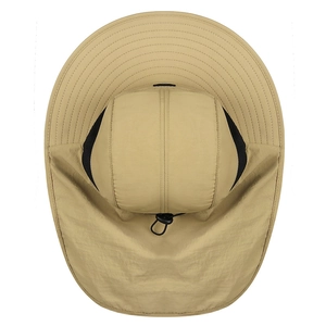 Khaki outdoor sun hat with wide brim, long neck flap and breathable mesh panels