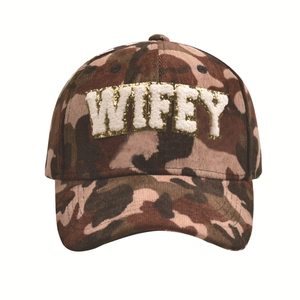 Camo baseball cap featuring WIFEY chenille patch with gold sequins on white background