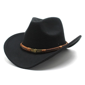 Western Cowboy Hat Wide Brim Felt Vintage Jazz Fedora With Skull Metal Buckle Braided Band For Men Women Retro Style