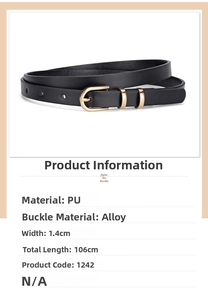 Detail of 1.4cm slim black PU leather belt with gold alloy buckle for summer dresses