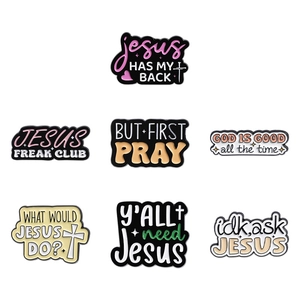 Set of seven colorful enamel religious lapel pins with Christian faith quotes on metal
