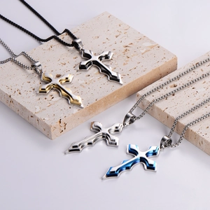 Men's stainless steel cross pendant necklace available in black, gold, silver and blue