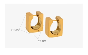 Detailed view of polished 18K gold geometric earrings with dimensions 1.5cm by 1.2cm