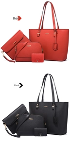 Detailed four-piece bag set with red and black tote, crossbody bag, clutch, and wallet