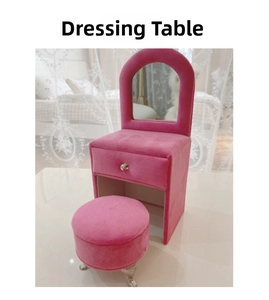 Miniature pink velvet dressing table jewelry box with mirror and matching small stool