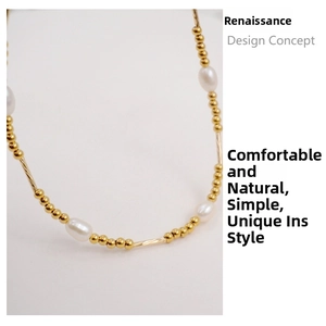 Detailed close-up of retro pearl necklace with golden beads and titanium steel chain