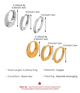 Detailed specs of zircon-inlaid hoop earring set showing dimensions and copper material