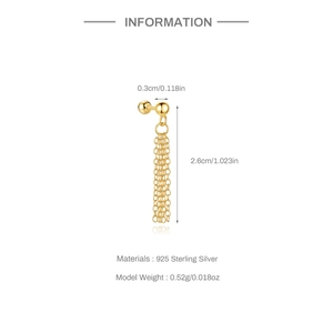 Detailed view of sterling silver gold tassel earring with 0.3cm ball and 2.6cm drop length
