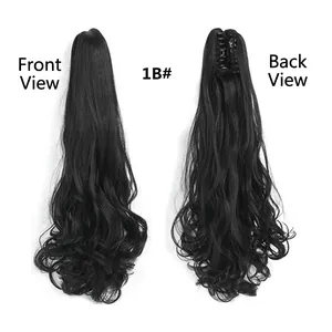 Natural black claw clip ponytail extension with loose wave texture shown in front and back view