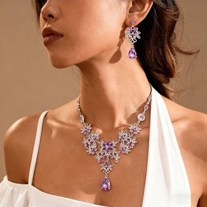 Purple Zircon Hollow Flower Water Drop Pendant Necklace And Earrings Alloy Rhinestone Elegant Vintage Evening Party Jewelry
