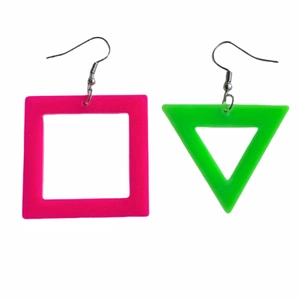 Fluorescent pink square and green triangle acrylic earrings with metal hooks