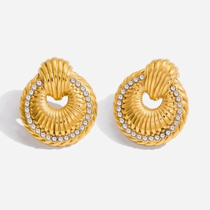 Vintage 18K Gold Plated Stainless Steel Round Stud Earrings For Women Rhinestone Shell Texture Elegant Jewelry Gift
