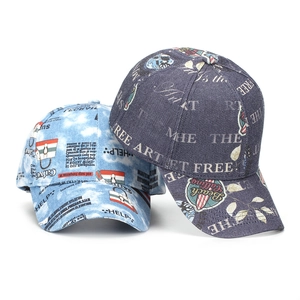 Hip hop denim graffiti baseball caps set featuring light blue and dark blue vintage prints