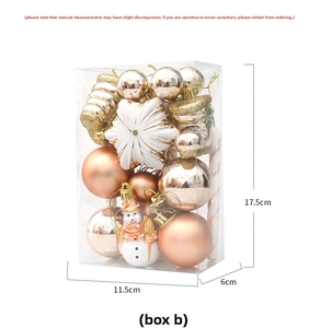 Detail of rose gold Christmas ornament set with various shapes in transparent packaging