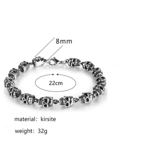 Silver punk style skull bracelet in kirsite metal measuring 22cm for men with 8mm beads