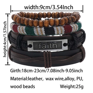 Detailed dimensions of multilayer woven leather bracelet set with wooden beads and faith charm