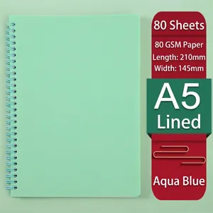 A5 spiraalnotitieboek in muntgroen, matte PP-omslag, 80 gelinieerde vellen, 210x145mm