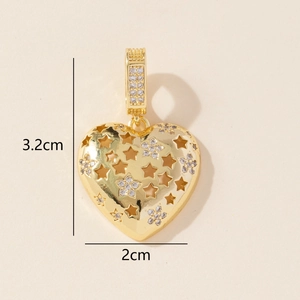 Detailed view of gold heart pendant with star cutouts, crystals, and size dimensions