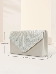 Detailed cream envelope clutch showing dimensions 8.4 x 4.9 x 2 inches with shiny rhinestones