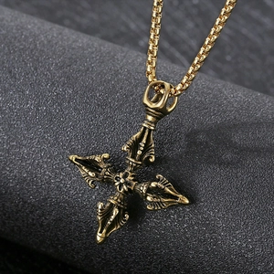 Retro bronze titanium steel cross dorje vajra pendant necklace with box chain for men