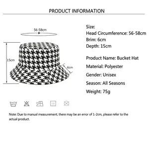 Size chart for reversible houndstooth bucket hat showing 56-58cm circumference and 6cm brim