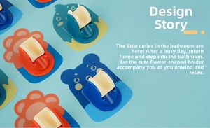 Close-up of cartoon-style adjustable shower head holders in various colorful shapes