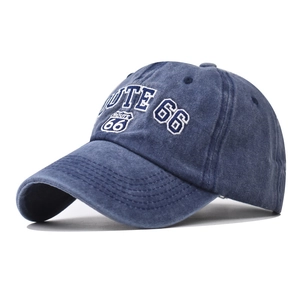 Vintage navy blue washed cotton baseball cap with Route 66 embroidered shield logo