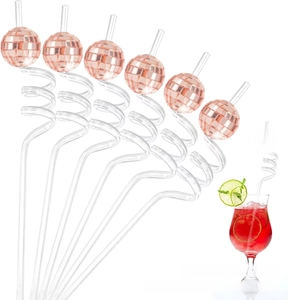 Set of six transparent spiral straws with rose gold disco ball decorations for parties