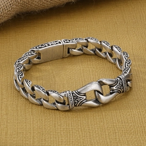 Vintage oxidized silver stainless steel men's curb chain bracelet with engraved totems