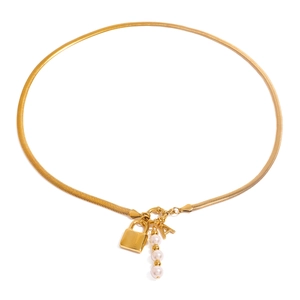 Gold snake chain necklace with pearl, letter A, and lock pendant on a white background