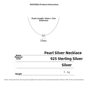 Especificaciones de tamaño para un collar de plata de ley 925 con una perla de 10mm