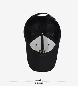 Detailed interior of black baseball cap showing breathable mesh and reinforced seams