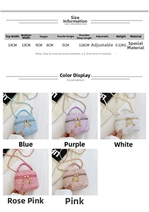 Size information and dimensions chart for the quilted crossbody chain bag for children