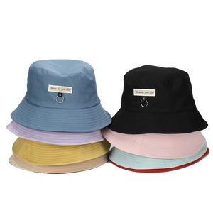 Women's cotton bucket hat with letter patch and metal ring in multiple color options