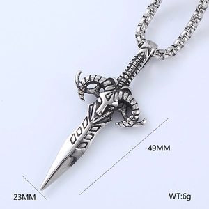 Detailed macro view showing the goat head sword pendant with 49mm length and 23mm width