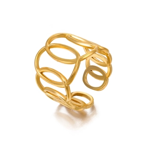 Golden wide geometric hollow-out ring with interlocking oval design in stainless steel