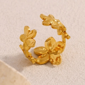 18K gold plated stainless steel open ring with intricate floral flower petal design
