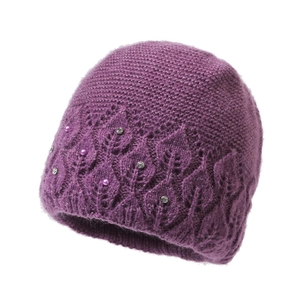 Women's thick knit beanie in purple with leaf patterns, pearls and crystal accents