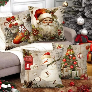 Set of 4 vintage Christmas pillow covers with Santa and Snowman motifs for holiday decor