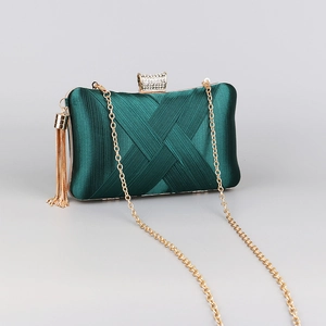 Elegant emerald green silk evening clutch bag with gold chain and rhinestone clasp